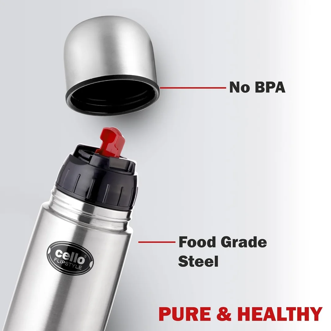 Cello Flipstyle Thermosteel 500ml | Vacuum Insulated Stainless Steel Water Bottle with Jacket | Leakproof | Flip Lid Flask | Travel, Office, Gym – Silver image 6