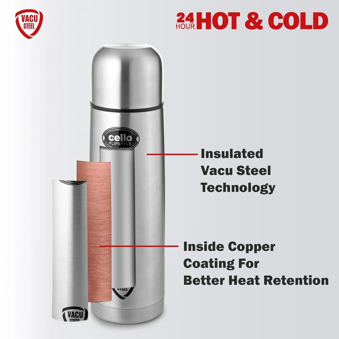 Cello Flipstyle Thermosteel 500ml | Vacuum Insulated Stainless Steel Water Bottle with Jacket | Leakproof | Flip Lid Flask | Travel, Office, Gym – Silver image 7
