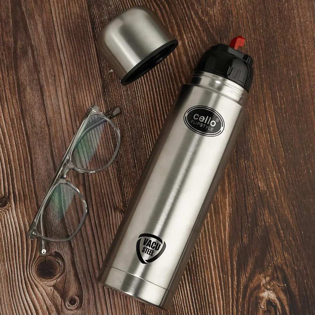 Cello Flipstyle Thermosteel 500ml | Vacuum Insulated Stainless Steel Water Bottle with Jacket | Leakproof | Flip Lid Flask | Travel, Office, Gym – Silver image 8
