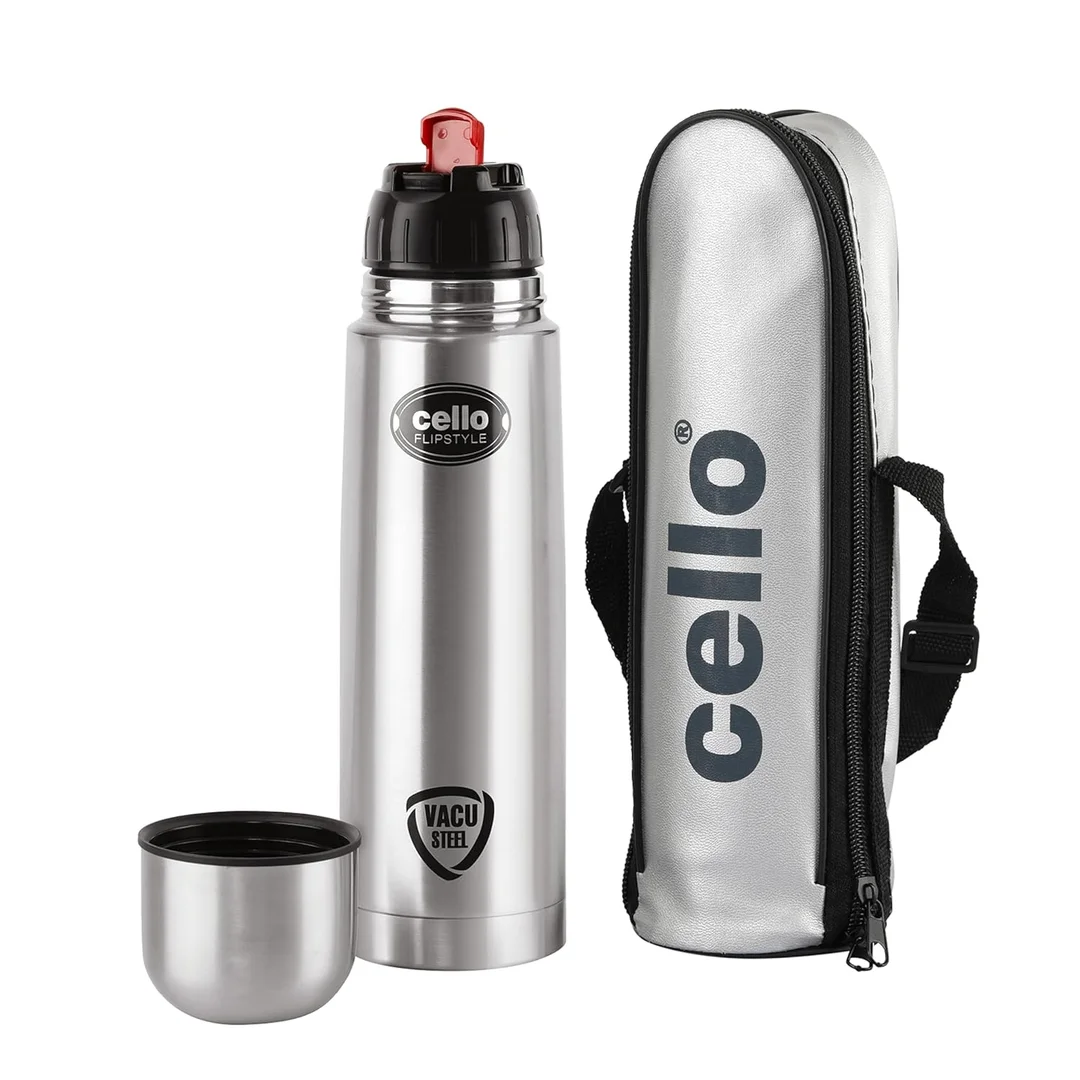 Cello Flipstyle Thermosteel 500ml | Vacuum Insulated Stainless Steel Water Bottle with Jacket | Leakproof | Flip Lid Flask | Travel, Office, Gym – Silver image 1