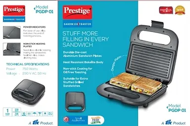 Prestige Sandwich Toaster PGDP 01 | 750W Fixed Grill Plates | Nonstick Electric Sandwich Maker for Home | Black thumbnail 1