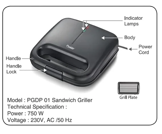 Prestige Sandwich Toaster PGDP 01 | 750W Fixed Grill Plates | Nonstick Electric Sandwich Maker for Home | Black image 3