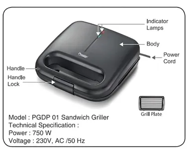 Prestige Sandwich Toaster PGDP 01 | 750W Fixed Grill Plates | Nonstick Electric Sandwich Maker for Home | Black thumbnail 2