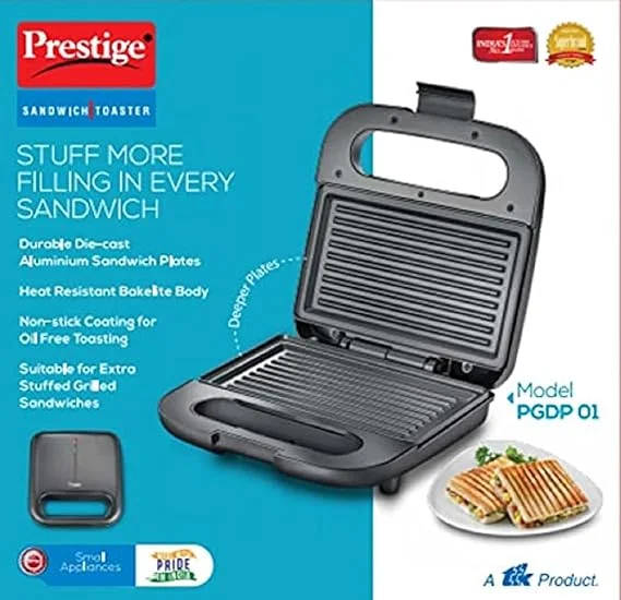 Prestige Sandwich Toaster PGDP 01 | 750W Fixed Grill Plates | Nonstick Electric Sandwich Maker for Home | Black image 4