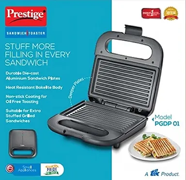 Prestige Sandwich Toaster PGDP 01 | 750W Fixed Grill Plates | Nonstick Electric Sandwich Maker for Home | Black thumbnail 3
