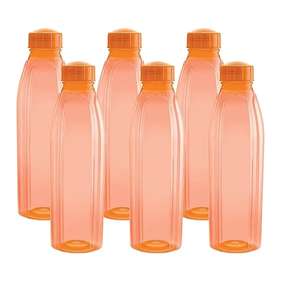 CELLO Crystal Water Bottles Set of 6 |1000ml Each, Orange, Food Grade, Unbreakable & Reusable, Air Tight Leakproof, Easy to Carry PET Bottles for Kitchen, Office, Travel & Fridge Storage image 1