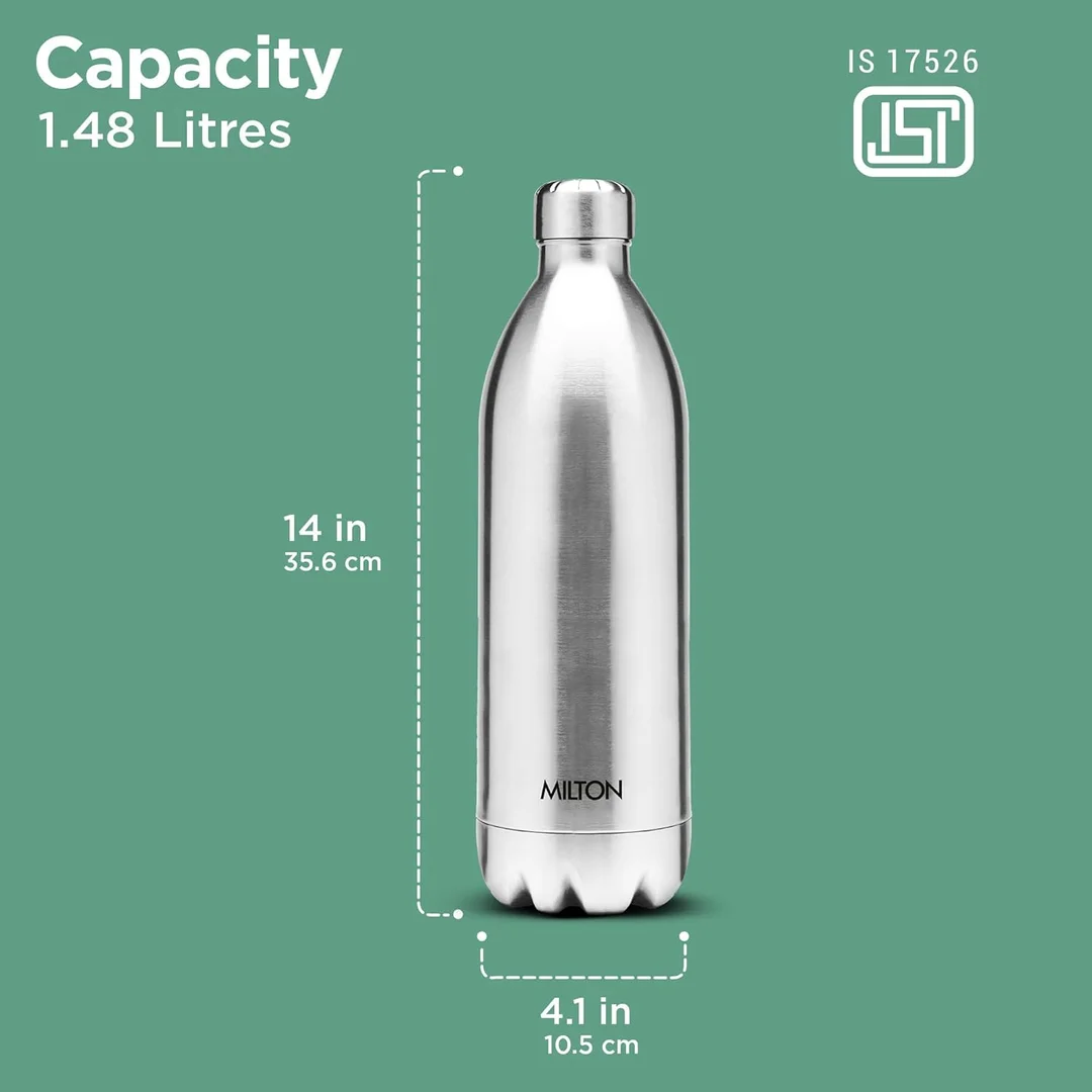 Milton Duo DLX 1500ml Thermosteel Water Bottle, Vacuum Insulated, Leak Proof Lid, 24-Hour Hot & Cold Retention, ISI Certified, for Office Gym School Daily Use, Silver Premium Steel Bottle image 3