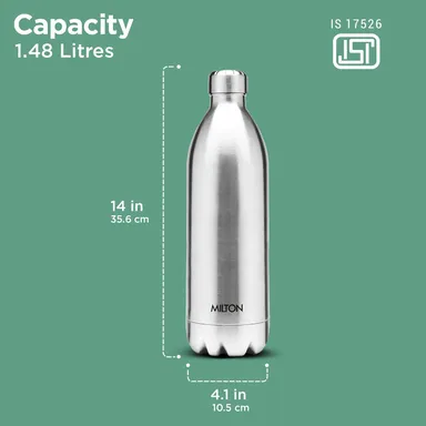 Milton Duo DLX 1500ml Thermosteel Water Bottle, Vacuum Insulated, Leak Proof Lid, 24-Hour Hot & Cold Retention, ISI Certified, for Office Gym School Daily Use, Silver Premium Steel Bottle thumbnail 2