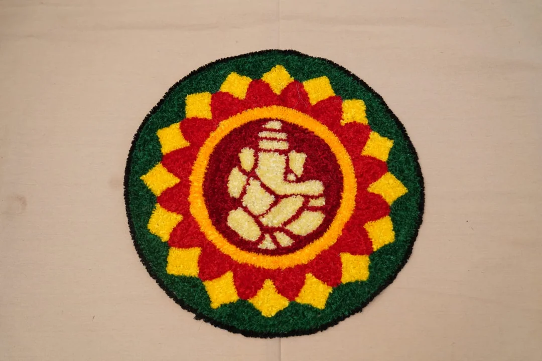 Handmade Colourful Lord Ganesha Rangoli Mat for Diwali Pooja Home Entrance Floor Decor Traditional Festival Decoration Round Design image 1