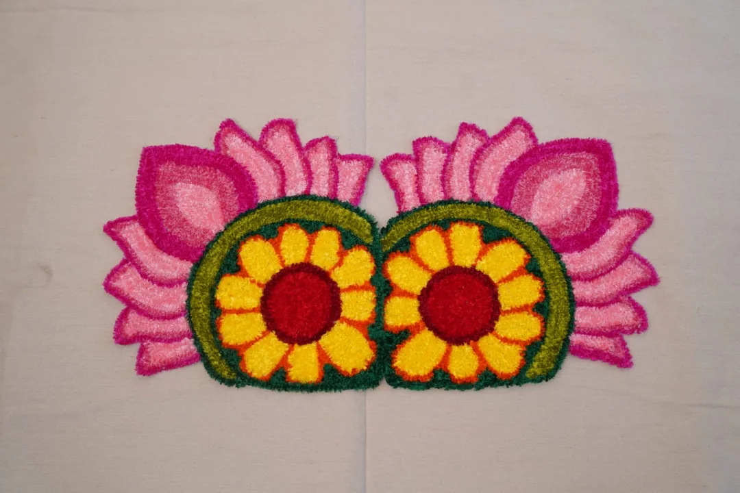 Handmade Floral Rangoli Pair for Home Entrance Puja Decor Bright Pink Yellow Lotus Design Reusable Festival Floor Decoration Set image 1