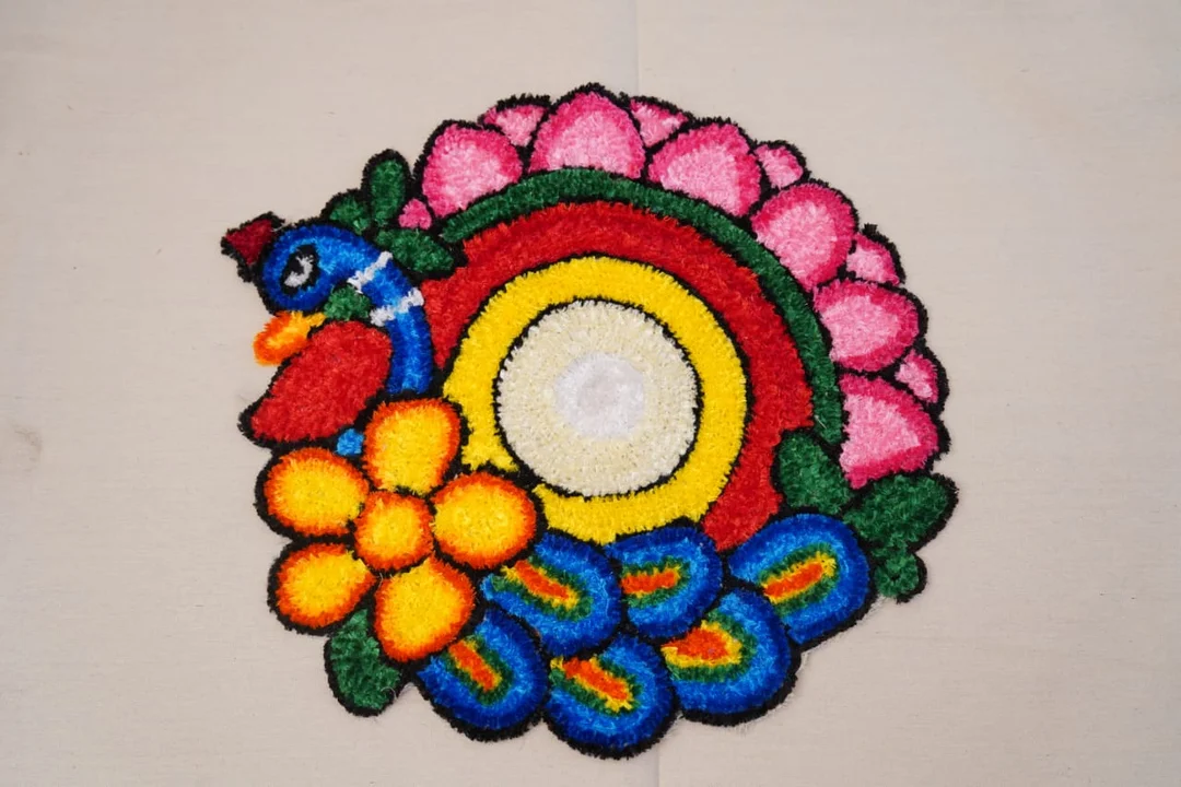 Handcrafted Peacock Tufted Textile Rangoli Mat Multi Utility Woollen Pooja Room Floor Rug & Wall Hanging image 1