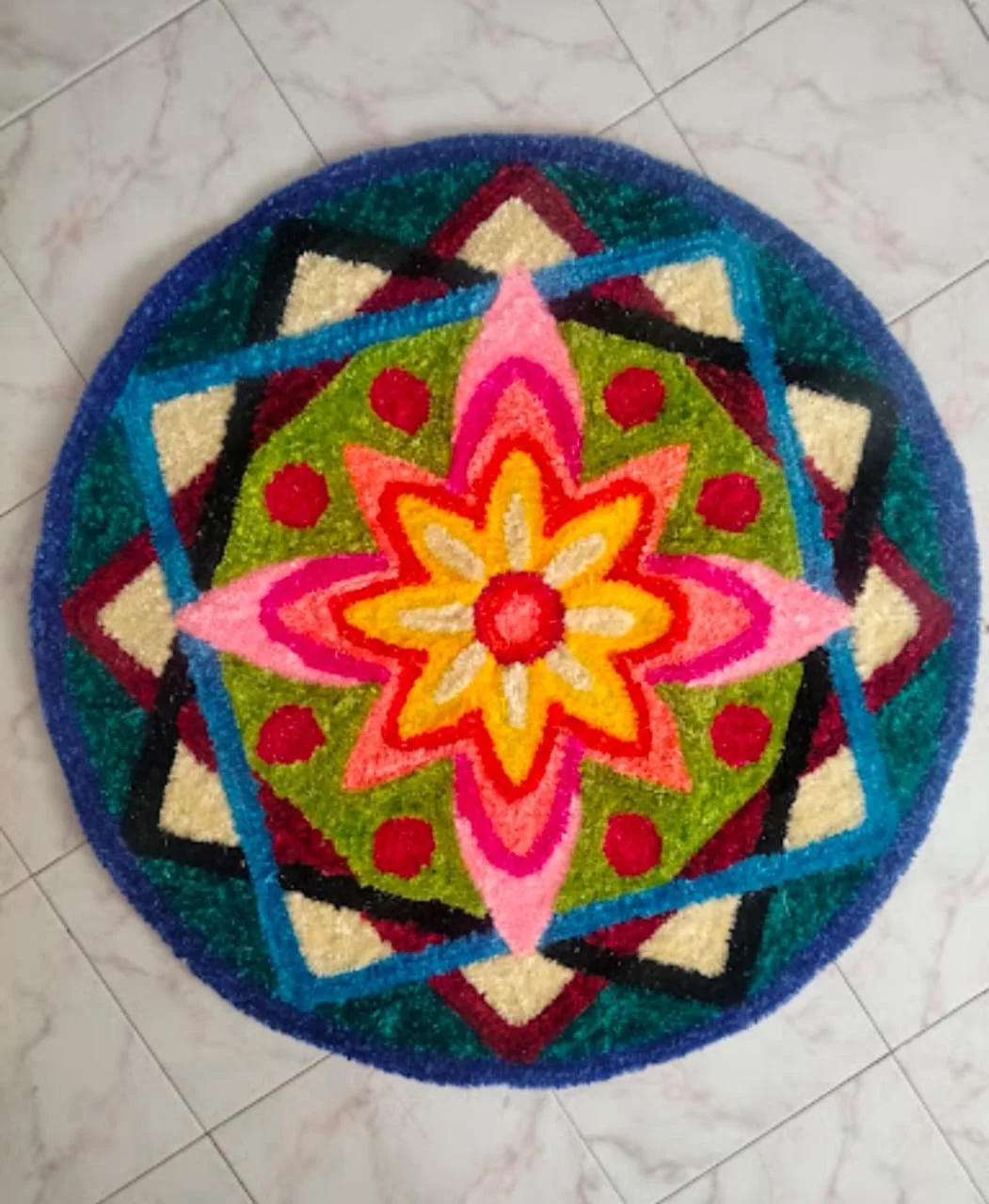Handmade Multicolour Floral Rangoli for Home Entrance Puja Decor Reusable Round Festival Floor Decoration with Lotus Star Pattern image 1
