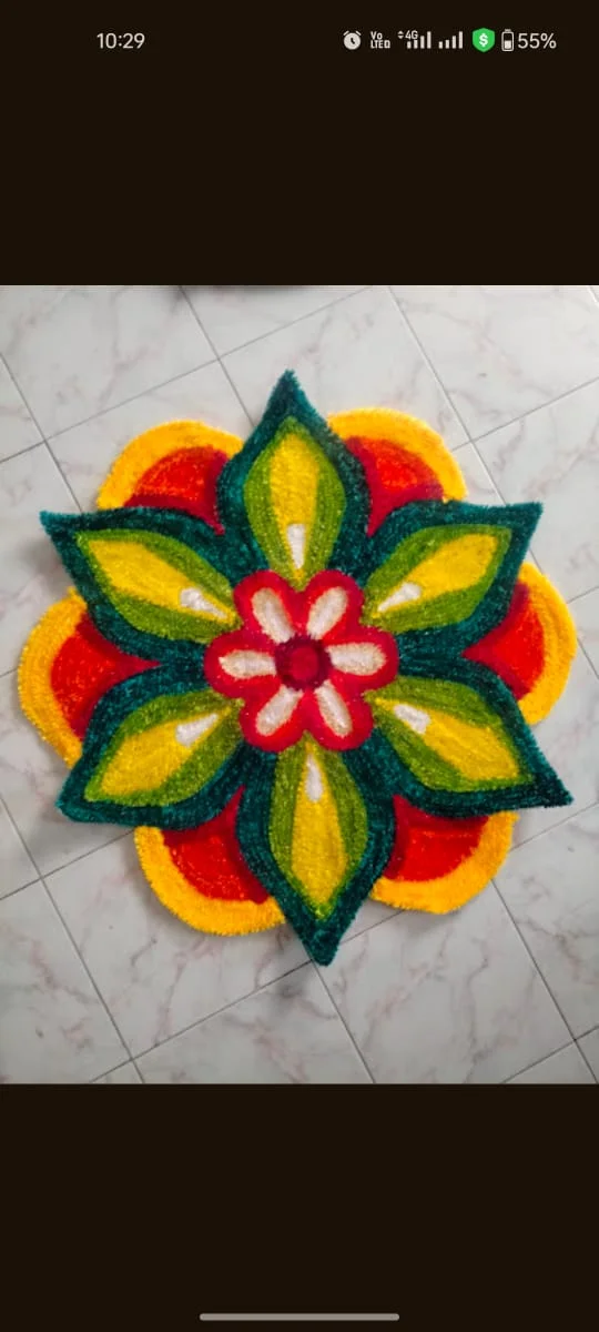 Multicolour Flower-Shaped Round Rangoli Floor Mat Green Yellow Red White Reusable Washable Festival Home Entrance Décor image 1