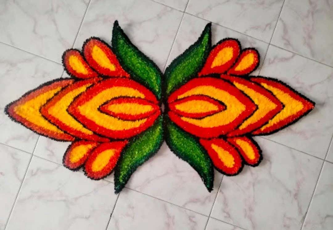 Multicolour Double-Flower Handcrafted Rangoli Floor Mat Red Orange Yellow Green Black Washable Reusable Festival Home Entrance Décor image 1