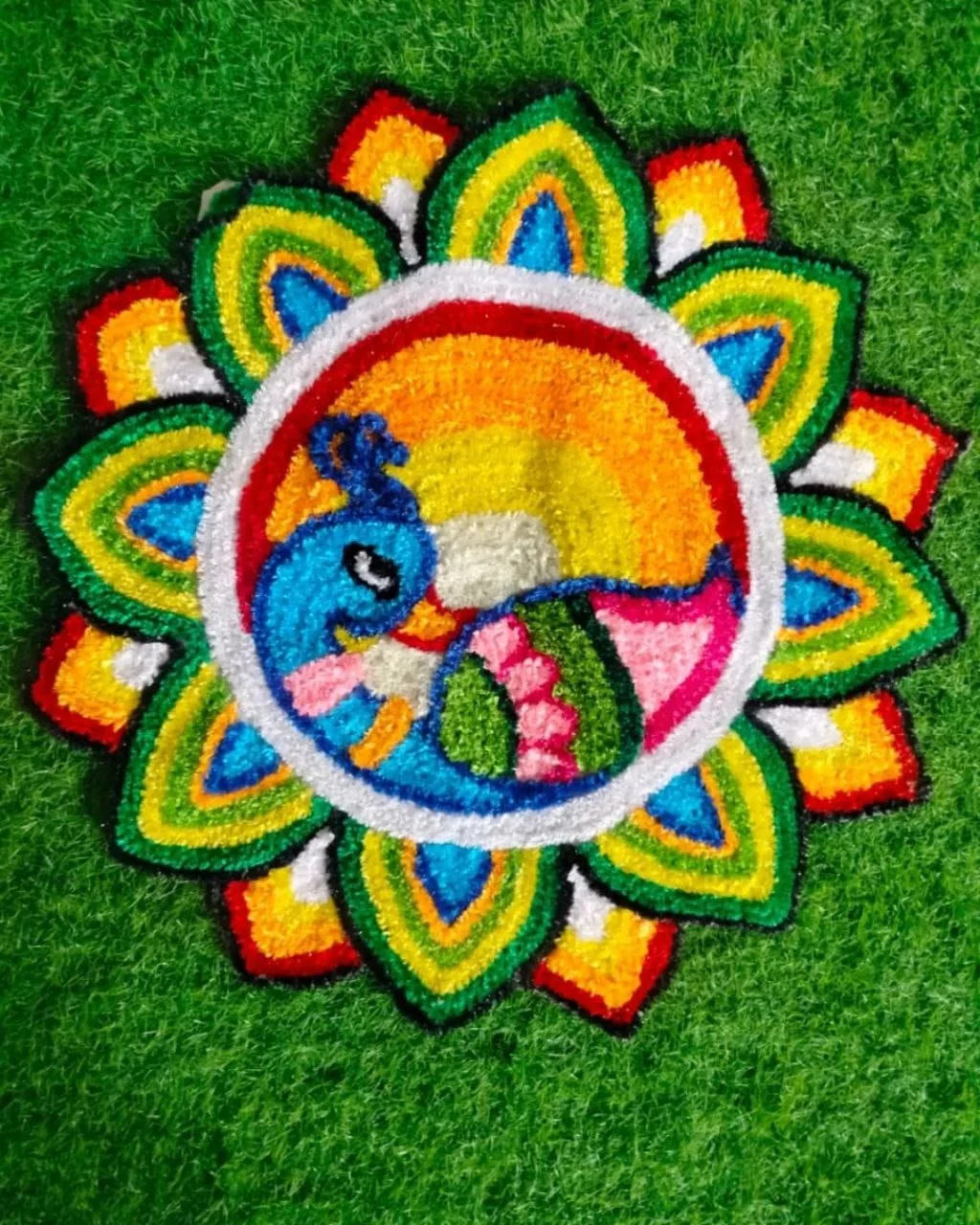 Handcrafted Vibrant Peacock Motif Readymade Acrylic Floor Rangoli Sticker with Multi Color Velvet Finish and Floral Border for Home Decor image 1