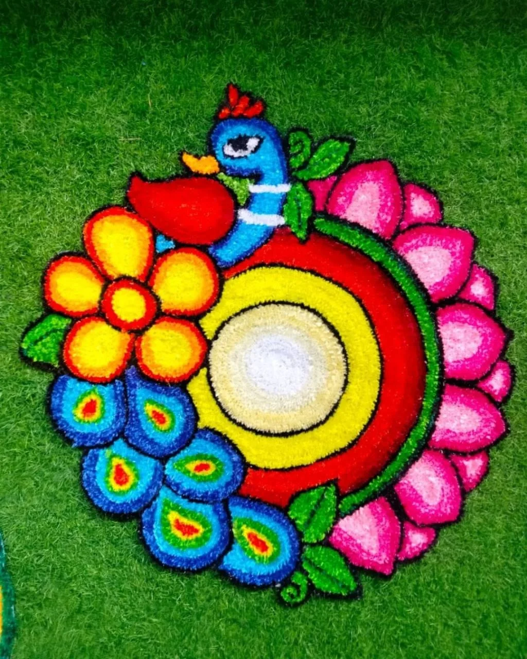 Decorative Round Floral Rangoli Floor Mat Multicolour Peacock & Sunflower Design Reusable Indoor Rug for Diwali Pooja Home Entrance Festival Décor image 1