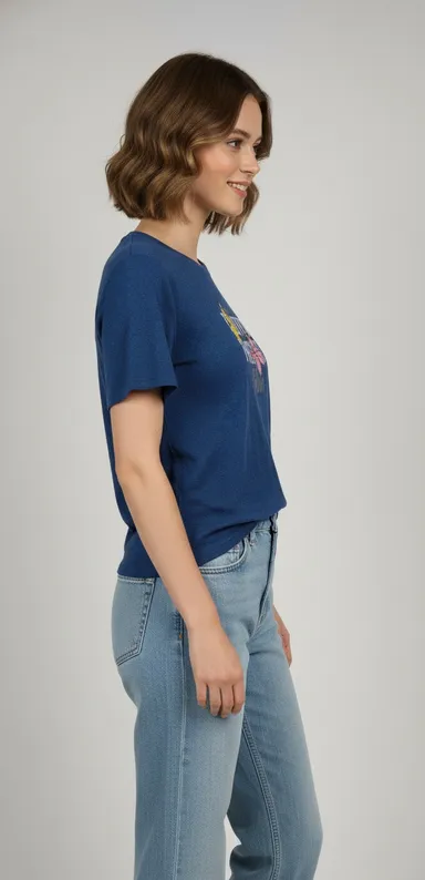 Navy Blue Casual T-Shirt for Women|Lightweight Popcorn Fabric Summer Wear| Comfortable Daily Casual Top|Breathable Cotton Blend Tee thumbnail 1