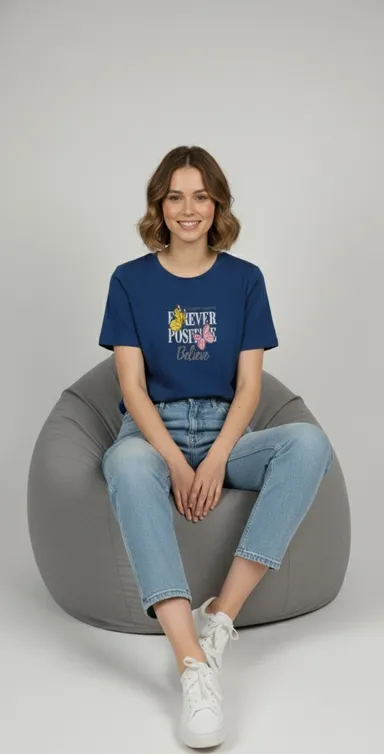Navy Blue Casual T-Shirt for Women|Lightweight Popcorn Fabric Summer Wear| Comfortable Daily Casual Top|Breathable Cotton Blend Tee thumbnail 2