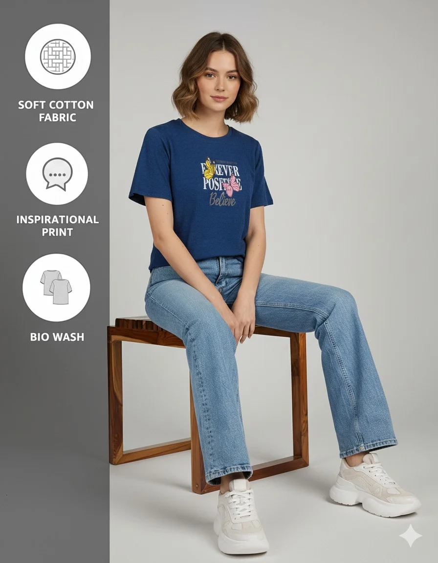 Navy Blue Casual T-Shirt for Women|Lightweight Popcorn Fabric Summer Wear| Comfortable Daily Casual Top|Breathable Cotton Blend Tee image 4
