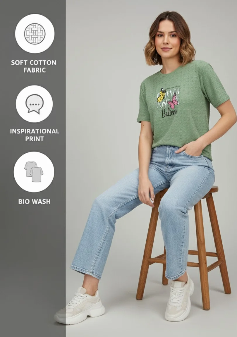 Green Casual T-Shirt for Women Lightweight Popcorn Fabric Summer Wear Comfortable Daily Casual Top Breathable Cotton Blend Tee image 4