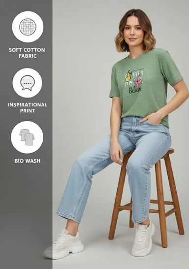 Green Casual T-Shirt for Women Lightweight Popcorn Fabric Summer Wear Comfortable Daily Casual Top Breathable Cotton Blend Tee thumbnail 3