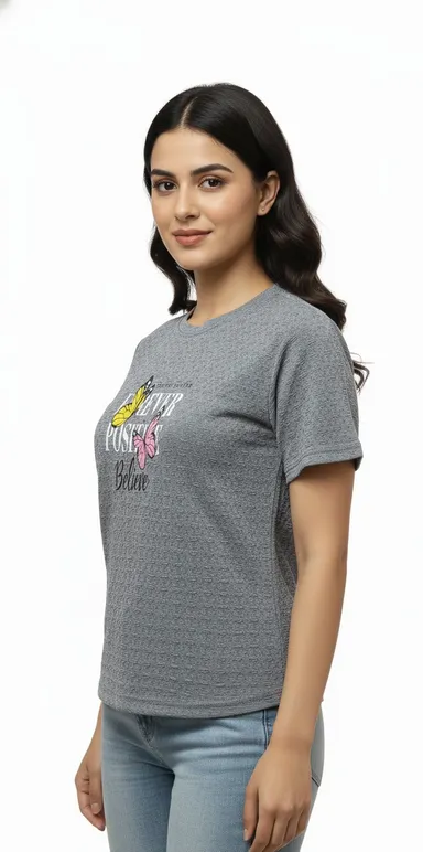 Grey Women Casual Popcorn Fabric T-Shirt Summer Wear Soft Cotton Blend Breathable Round Neck Short Sleeve Comfort Fit Daily Wear Fashion thumbnail 1