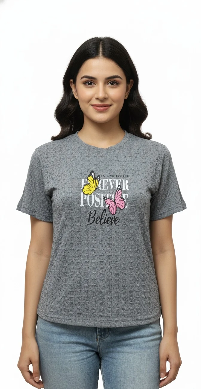 Grey Women Casual Popcorn Fabric T-Shirt Summer Wear Soft Cotton Blend Breathable Round Neck Short Sleeve Comfort Fit Daily Wear Fashion image 4