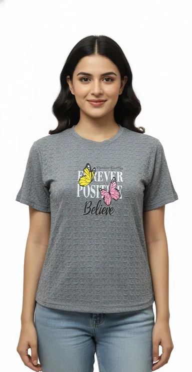 Grey Women Casual Popcorn Fabric T-Shirt Summer Wear Soft Cotton Blend Breathable Round Neck Short Sleeve Comfort Fit Daily Wear Fashion thumbnail 3
