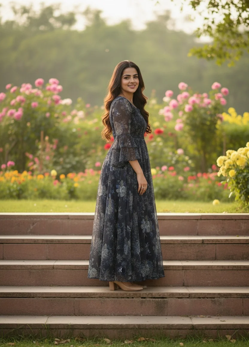 Women’s Navy Blue Georgette Floral Print Smocked Dress Summer Casual Midi Dress Lightweight Flowy Daily Wear Outfit image 2