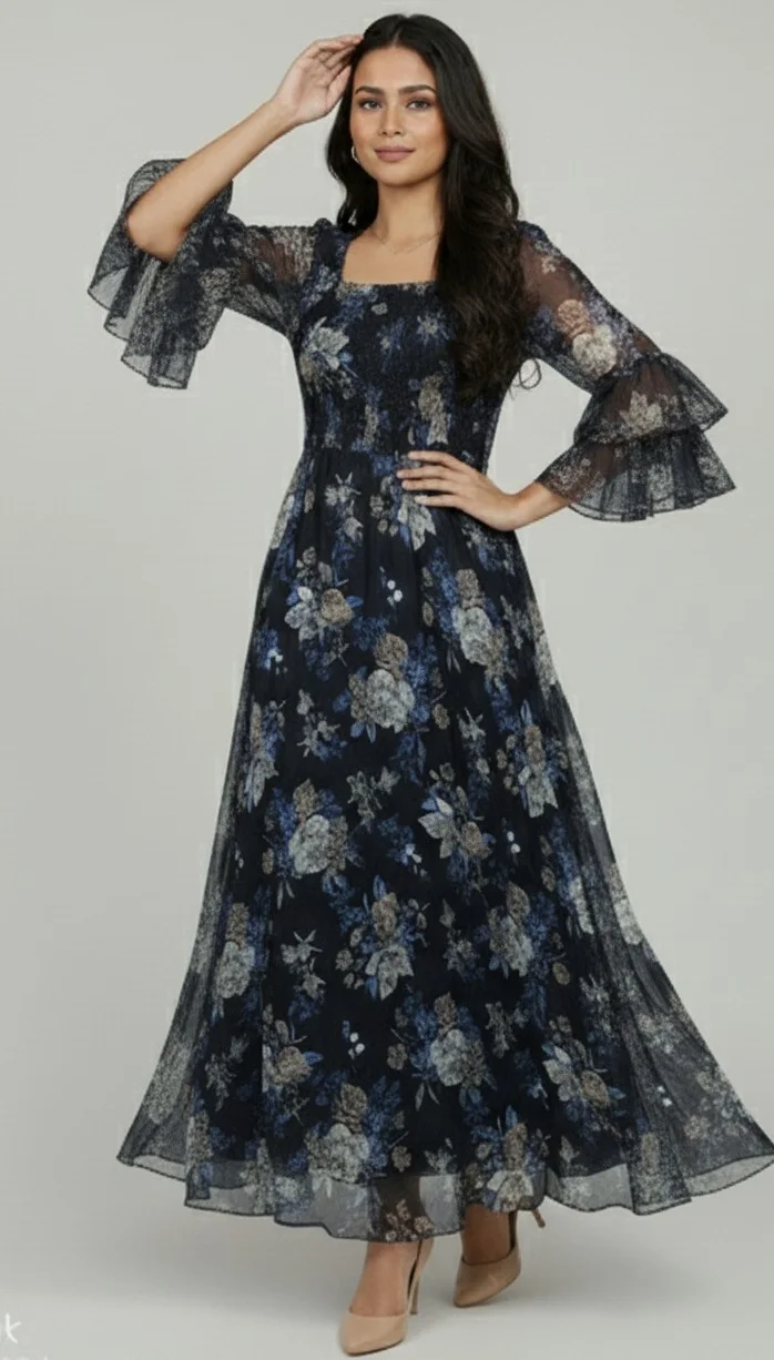 Women’s Navy Blue Georgette Floral Print Smocked Dress Summer Casual Midi Dress Lightweight Flowy Daily Wear Outfit image 1
