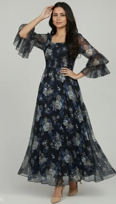 Women’s Navy Blue Georgette Floral Print Smocked Dress Summer Casual Midi Dress Lightweight Flowy Daily Wear Outfit thumbnail 0