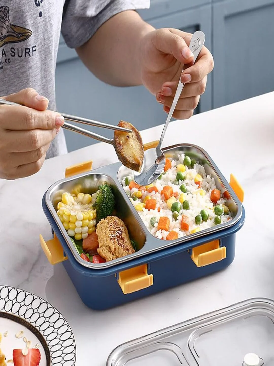Lunch Box for Kids & Adults| Leak-Proof Airtight School & Office Tiffin with Fork| Spoon & Chopsticks, BPA-Free, Dark Blue|750ML image 1