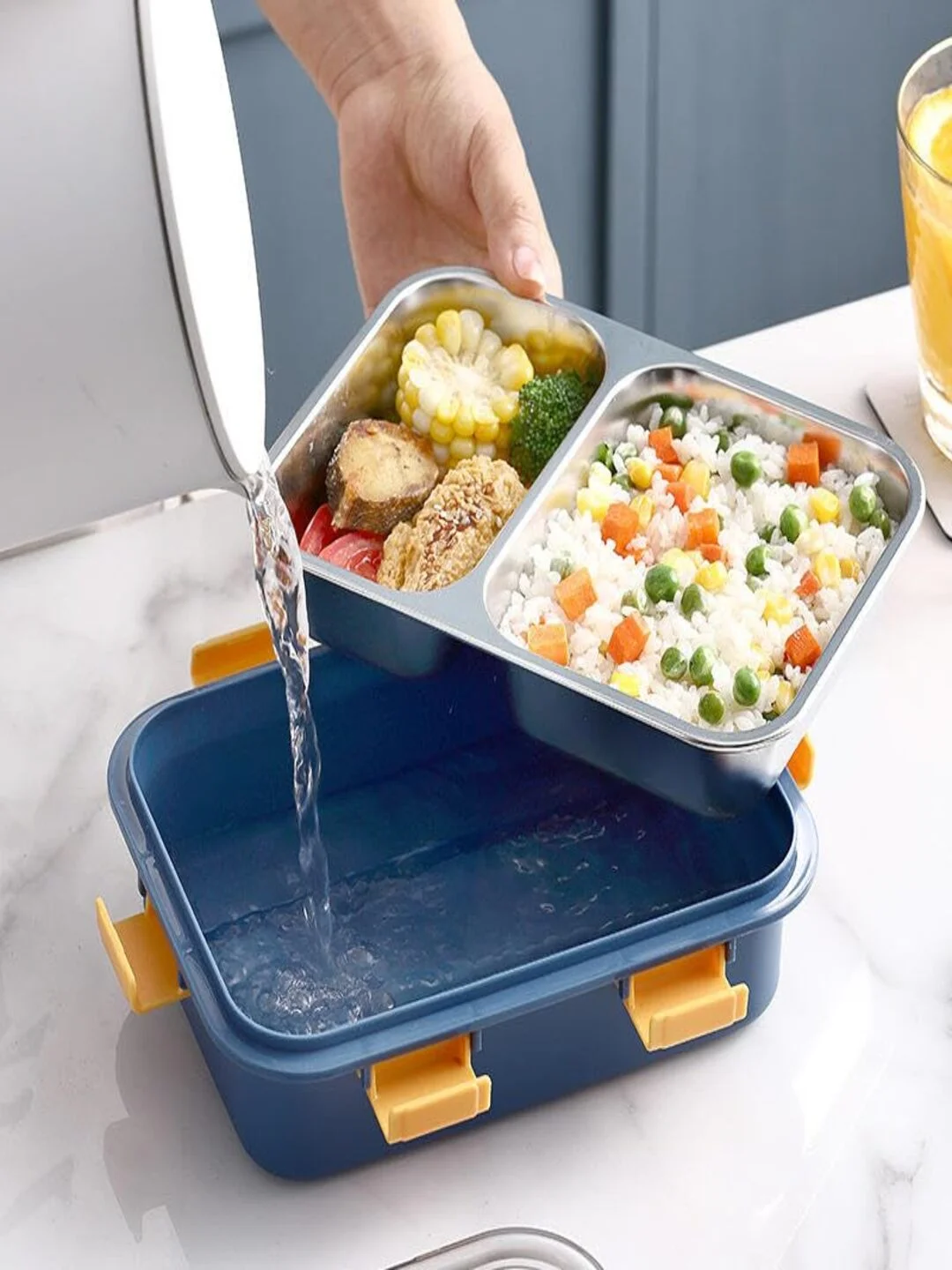 Lunch Box for Kids & Adults| Leak-Proof Airtight School & Office Tiffin with Fork| Spoon & Chopsticks, BPA-Free, Dark Blue|750ML image 3