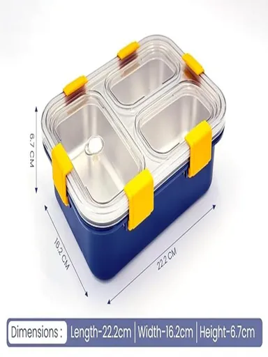 3 Compartment Stainless Steel Lunch Box, Leakage Proof Lunch Box For School Kids And Adults Pack Of 1 Blue,750ML thumbnail 3