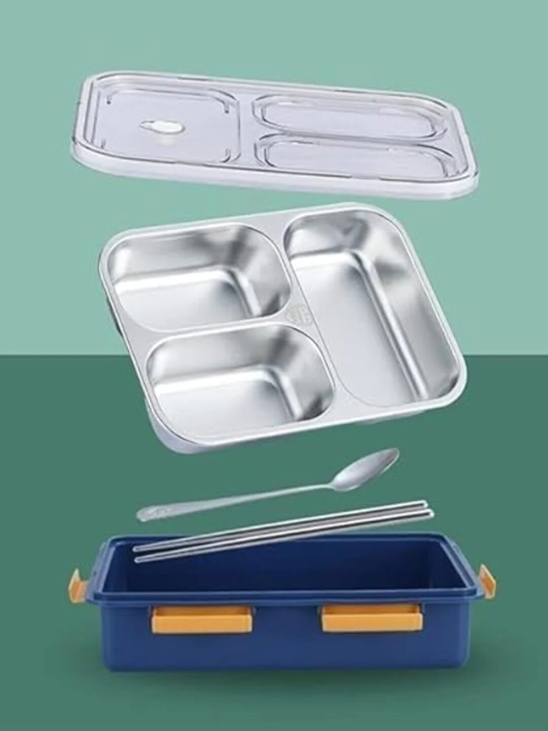 3 Compartment Stainless Steel Lunch Box, Leakage Proof Lunch Box For School Kids And Adults Pack Of 1 Blue,750ML image 5