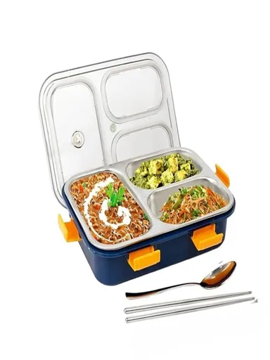 3 Compartment Stainless Steel Lunch Box, Leakage Proof Lunch Box For School Kids And Adults Pack Of 1 Blue,750ML