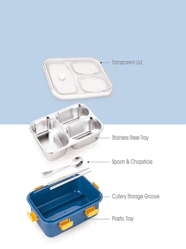 3 Compartment Stainless Steel Lunch Box, Leakage Proof Lunch Box For School Kids And Adults Pack Of 1 Blue,750ML thumbnail 2