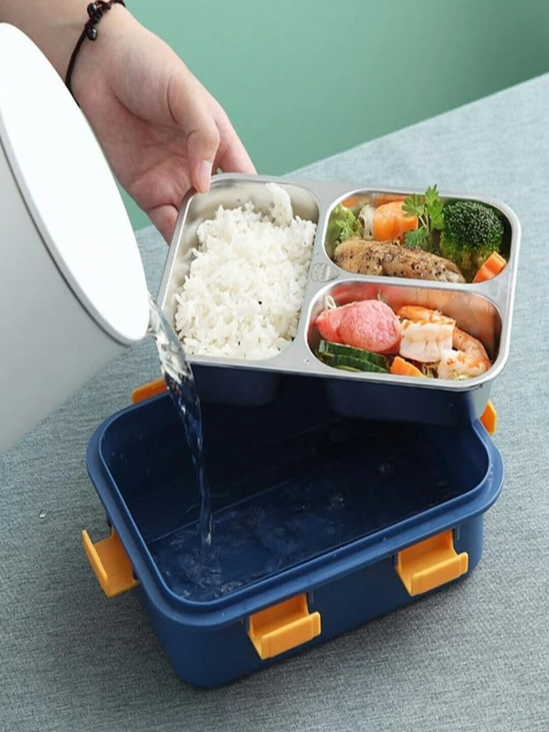 3 Compartment Stainless Steel Lunch Box, Leakage Proof Lunch Box For School Kids And Adults Pack Of 1 Blue,750ML image 2