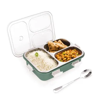 3 Compartment Stainless Steel Lunch Box, Leakage Proof Lunch Box for School Kids and Adults Pack of 1 green,750ML