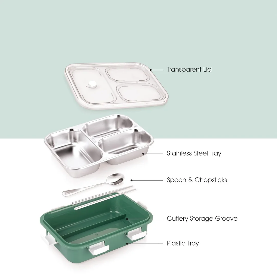 3 Compartment Stainless Steel Lunch Box, Leakage Proof Lunch Box for School Kids and Adults Pack of 1 green,750ML image 2