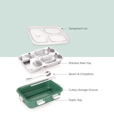 3 Compartment Stainless Steel Lunch Box, Leakage Proof Lunch Box for School Kids and Adults Pack of 1 green,750ML thumbnail 1