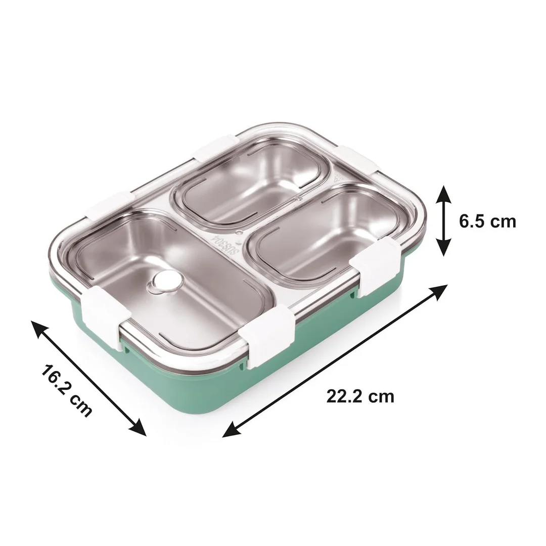 3 Compartment Stainless Steel Lunch Box, Leakage Proof Lunch Box for School Kids and Adults Pack of 1 green,750ML image 3