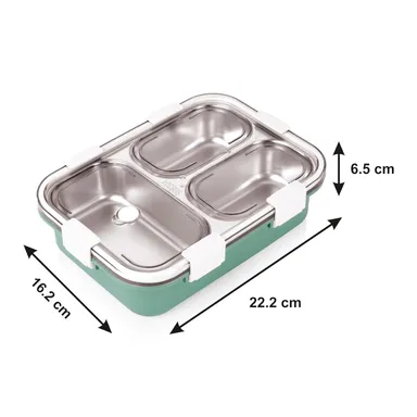 3 Compartment Stainless Steel Lunch Box, Leakage Proof Lunch Box for School Kids and Adults Pack of 1 green,750ML thumbnail 2