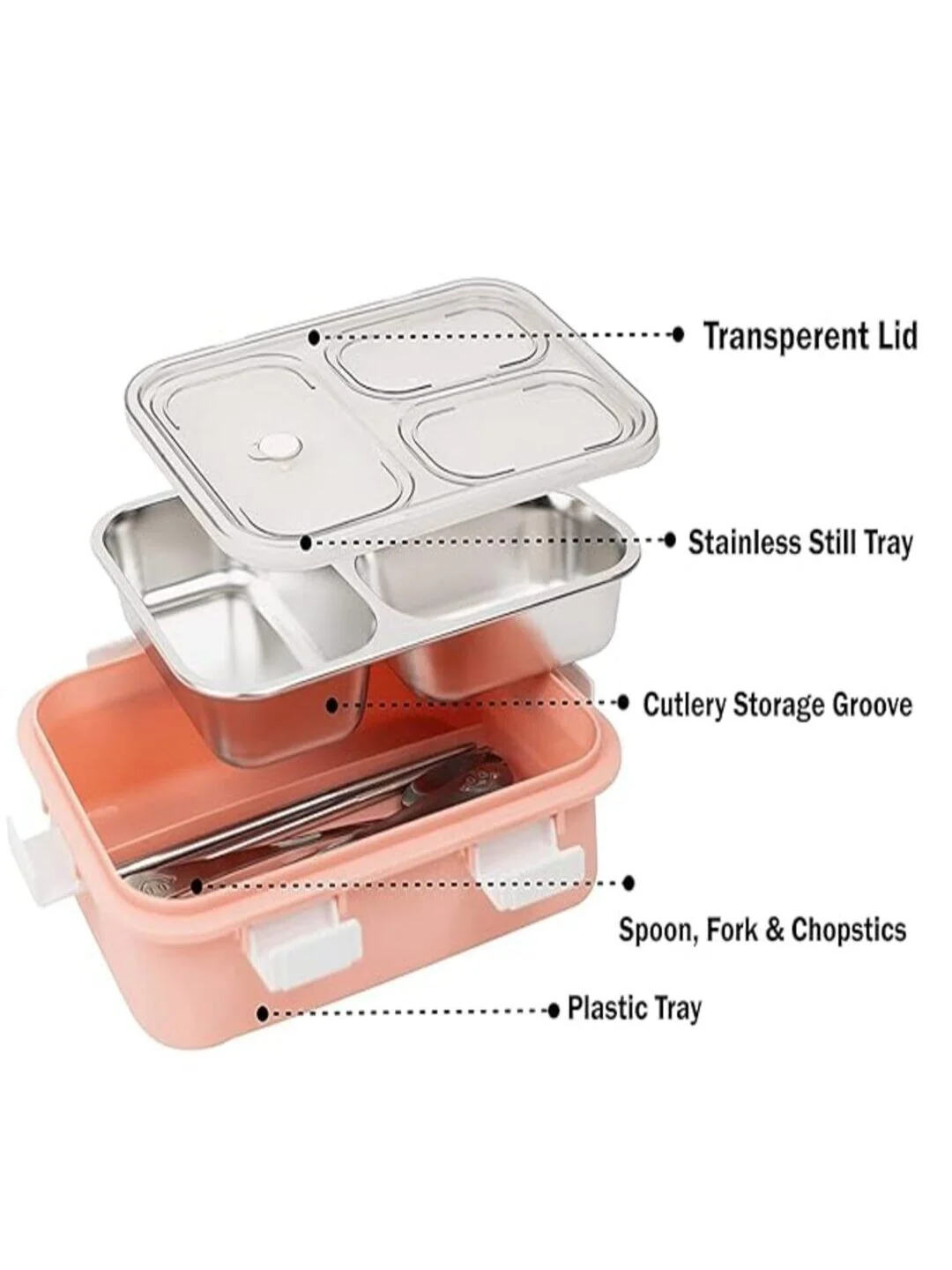 Stainless Steel Lunch Box 750 ml|3 Compartment| Leakproof BPA Free Tiffin Box for School Kids and Adults |Pink image 3