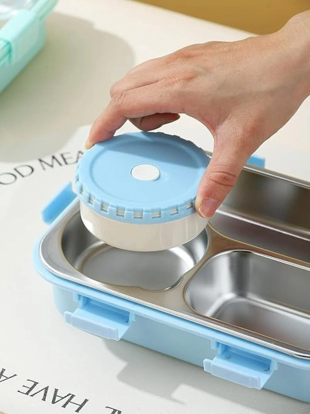 3 Compartment Stainless Steel Lunch Box 750ml | Leakproof & BPA Free Blue image 3