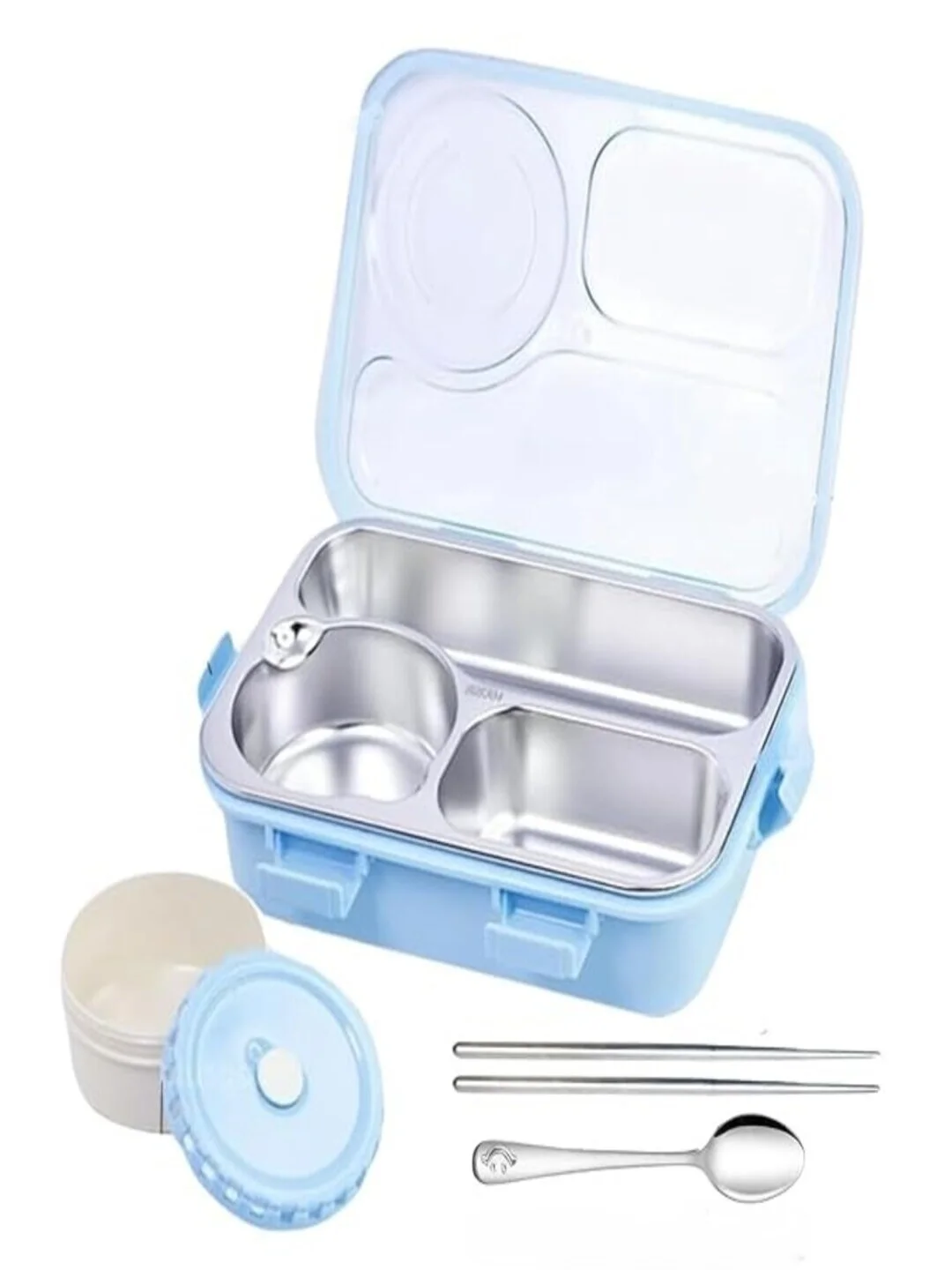 3 Compartment Stainless Steel Lunch Box 750ml | Leakproof & BPA Free Blue image 4