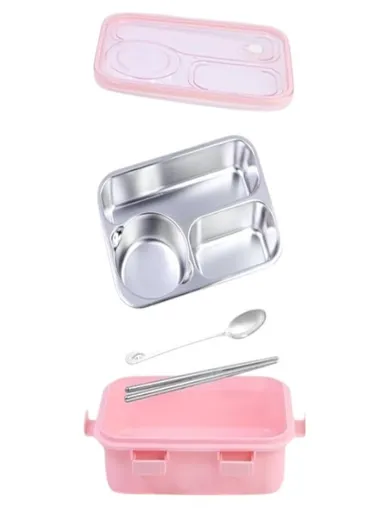 Premium 3 Compartment Leak-Proof BPA Free Stainless Steel Lunch Box 750 ml for Kids| School & Office with Fork|Spoon, Chopsticks |Pink thumbnail 2
