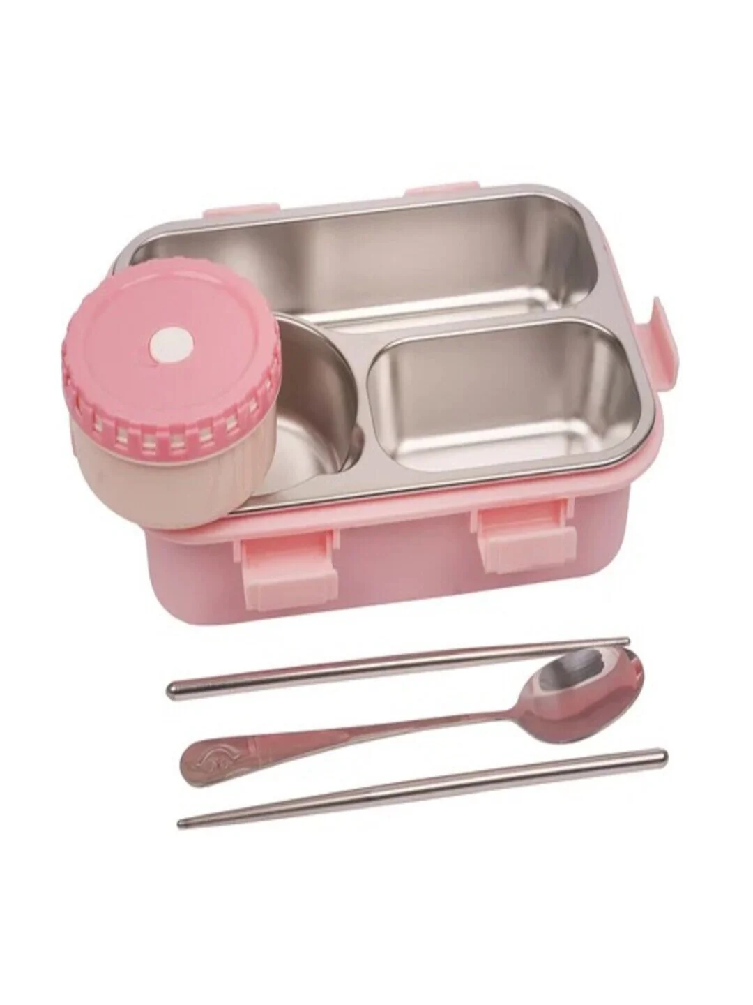 Premium 3 Compartment Leak-Proof BPA Free Stainless Steel Lunch Box 750 ml for Kids| School & Office with Fork|Spoon, Chopsticks |Pink image 2