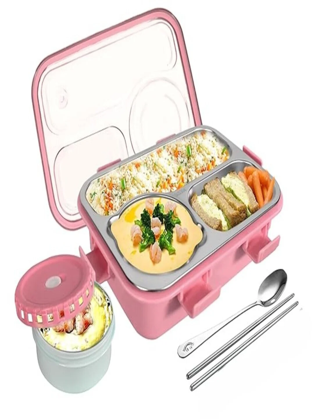Premium 3 Compartment Leak-Proof BPA Free Stainless Steel Lunch Box 750 ml for Kids| School & Office with Fork|Spoon, Chopsticks |Pink image 1