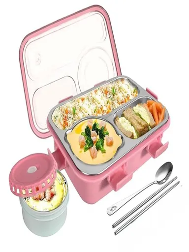 Premium 3 Compartment Leak-Proof BPA Free Stainless Steel Lunch Box 750 ml for Kids| School & Office with Fork|Spoon, Chopsticks |Pink